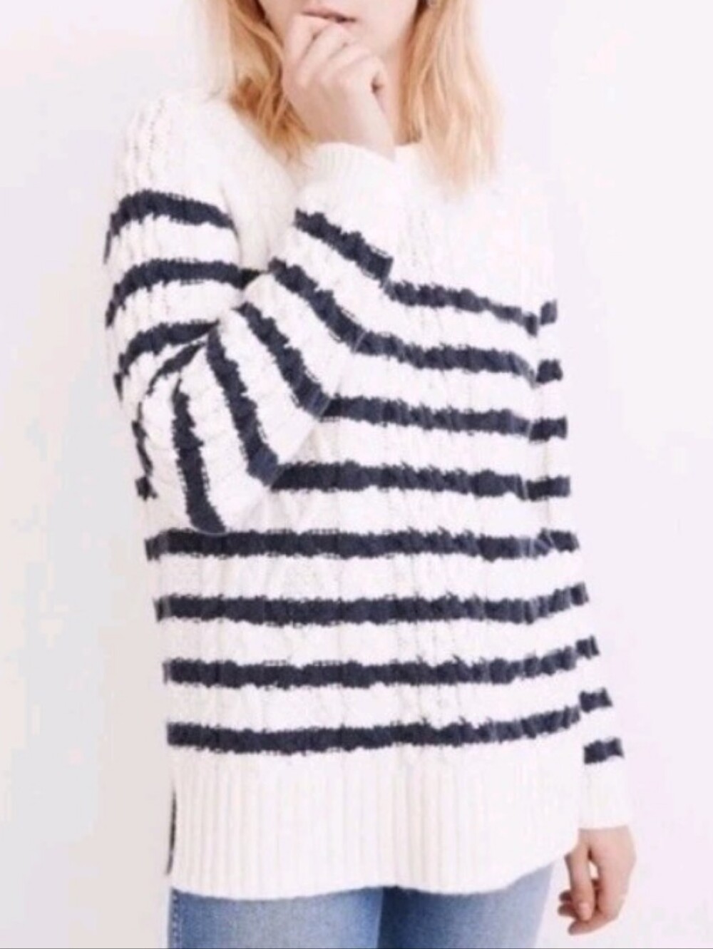 Madewell Cream and Navy Striped Cable-Knit Sweater